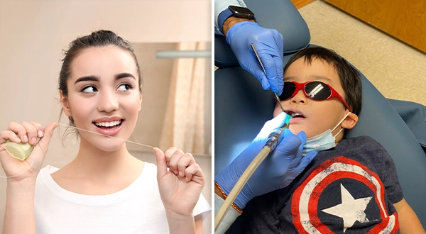 Collage Of Photos Showing A Girl Flossing Her Teeth And A Child At The Dentist