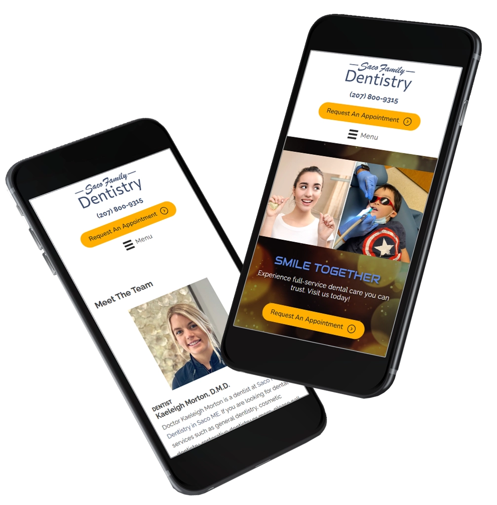 Collage Of Screenshots Of Saco Family Dentistry's Website Showing Kaeleigh Morton's Bio And Homepage